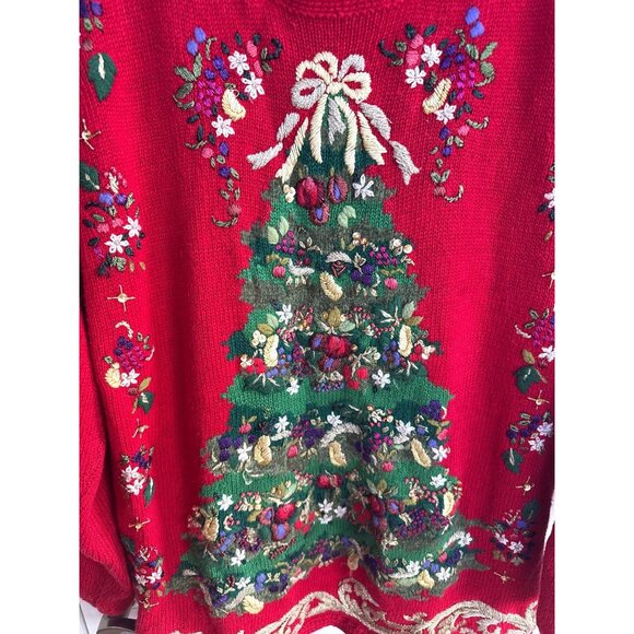 Vintage 90's Ugly Christmas Tree Sweater Women's L Knit Embroidered Sequins - Picture 2 of 8